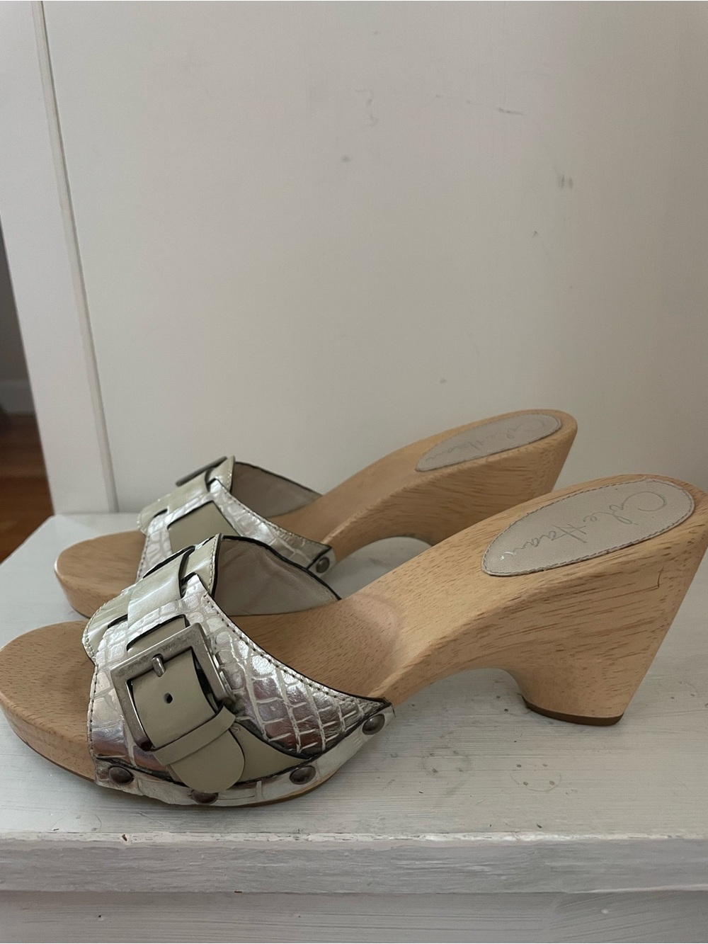 Cole Hahn Metal  Silver Buckle Wood-Wedge Sandals - Women Size 6. Small
Blemish